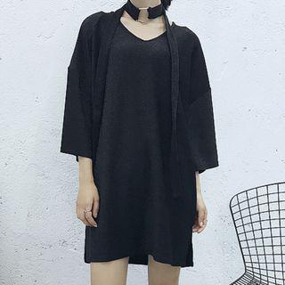 Glittered V-neck 3/4-sleeve T-shirt Dress