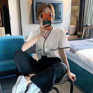 Contrast Stitching Short-sleeve Cardigan