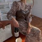 Floral Print Long-sleeve Midi A-line Dress / Faux Leather Camisole Top