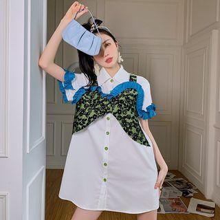 Mock Two-piece Puff-sleeve Ruffle Trim Floral Print Dress