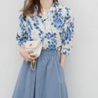 Elbow-sleeve Floral Print Shirt Melange Blue - One Size