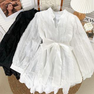 Ruffle-trim V-neck Mini Dress With Sash