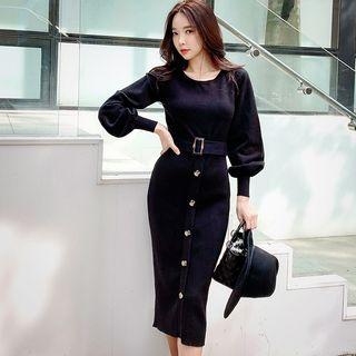 Button Detail Long-sleeve Sheath Midi Knit Dress