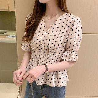 Dotted Bell-sleeve Peplum Blouse