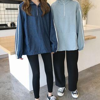 Striped Loose-fit Stand-collar Denim Top