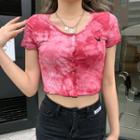 Tie-dye Print Butterfly Embroidered Button-up Cropped T-shirt