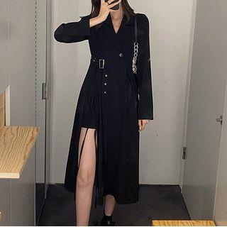 Side-slit Long-sleeve Midi Collared Dress