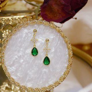 Star Rhinestone Drop Earring 1 Pair - Green & Gold - One Size