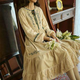 Long-sleeve Lace Embroidered Midi Dress