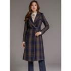 Peaked-lapel Double-breasted Long Plaid Coat