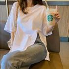 Short-sleeve Plain Slit T-shirt White - One Size