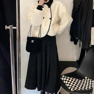 Contrast Trim Quilted Jacket / Midi A-line Skirt