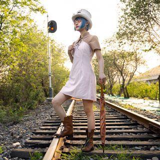 Short-sleeve Tie-neck Striped Panel A-line Dress