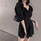 Elbow-sleeve Crinkled A-line Mini Dress Black - One Size
