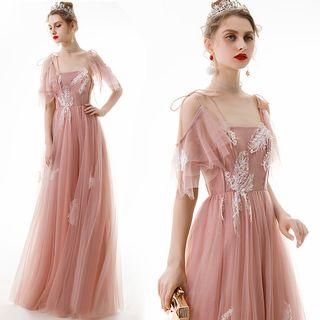 Feather Applique Cold Shoulder A-line Evening Gown