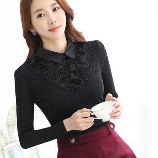 Fleece-lined Applique Lace Blouse
