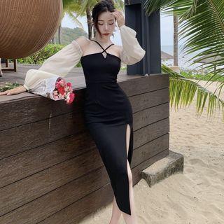 Halter-neck Off-shoulder Chiffon Panel Side-slit Knit Dress