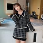 Set: Plaid Collared Cardigan + Mini Straight-fit Skirt Set Of 2 - Cardigan - Black - One Size / Skirt - Black - One Size