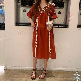 Elbow-sleeve Fringe Midi A-line Dress Brick Red - One Size