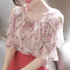 Beribboned Cold-shoulder Ruffled Rosette Top