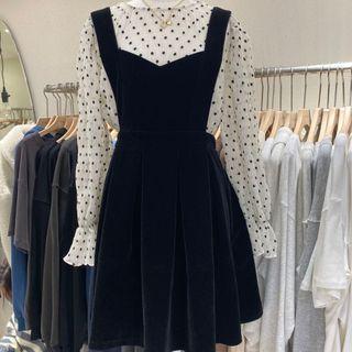 Set: Bell-sleeve Dotted Top + Mini A-line Overall Dress