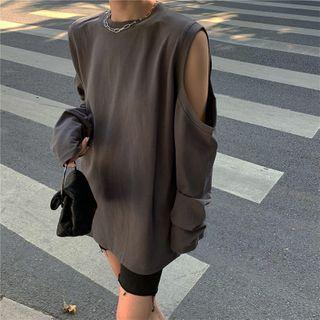 Cold-shoulder Long-sleeve T-shirt As Shown In Figure - One Size
