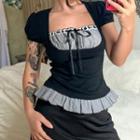 Short Sleeve Mock Two Piece Striped Ruffled-hem Tie-front Crop Top