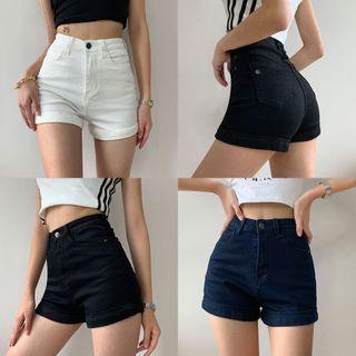 Stretched High-waist Rolled Denim Shorts