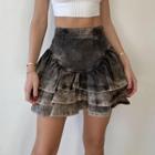 High Waist Tiered Washed Denim Mini Skirt