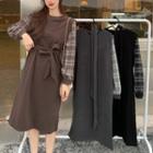 Long-sleeve Plaid Panel Tie-waist A-line Dress