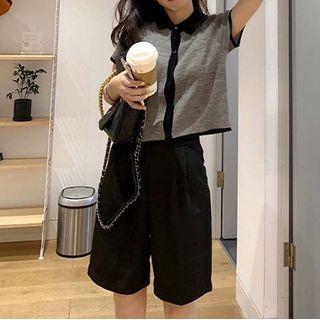 Set: Contrast Trim Short Sleeve Cardigan + Plain A-line Shorts