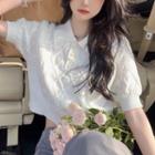 Short-sleeve Collared Cable Knit Crop Top White - One Size