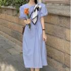 Plain Puff-sleeve Drawstring Dress Blue - One Size
