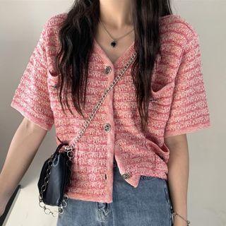 Short-sleeve Button-up Knit Top Pink - One Size