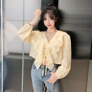 Long-sleeve Ruffled Lace-up Chiffon Blouse