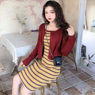 Spaghetti Strap Striped Mini Sheath Dress / Cardigan