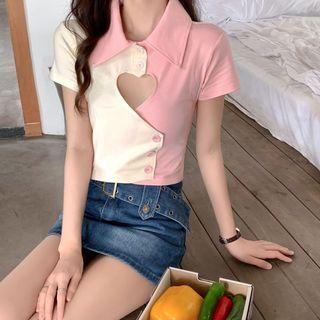 Short-sleeve Collar Cut-out Two-tone Top