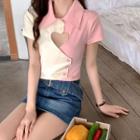 Short-sleeve Collar Cut-out Two-tone Top