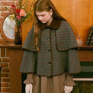 Detachable-collar Piped Houndstooth Cape Jacket Brown - One Size