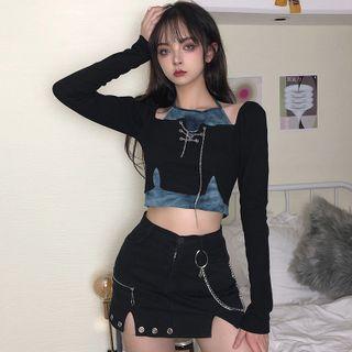 Long-sleeve Mock Two-piece Chain Detail Cropped T-shirt