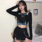 Long-sleeve Mock Two-piece Chain Detail Cropped T-shirt