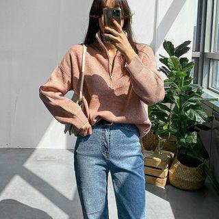 High-neck Zip-up Ribbed Knit Top