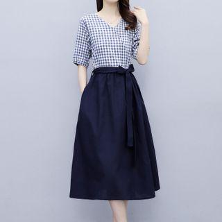 Elbow-sleeve Gingham Panel Midi A-line Dress