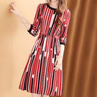 3/4-sleeve Stripe Print A-line Dress