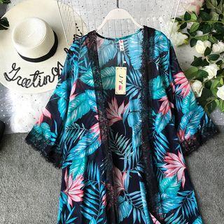 Leaf Print Open Front Long Jacket