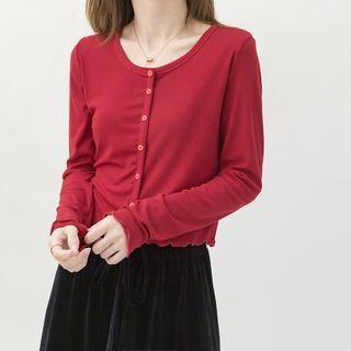 Long-sleeve Lettuce Edge Button Cropped T-shirt
