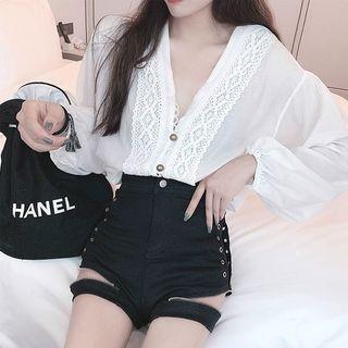Lace V-neck Long-sleeve Loose-fit Blouse As Figure - One Size
