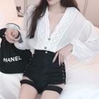Lace V-neck Long-sleeve Loose-fit Blouse As Figure - One Size
