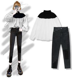 Set : Knit Patchwork Shirt + Jeans