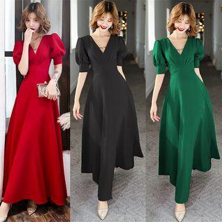 V-neck Puff-sleeve A-line Maxi Dress